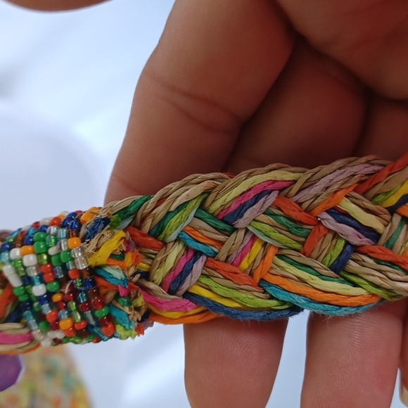 Cappelli Beach Tote, multicolor straw strands, braided, beaded handles 18x9x6 - Picture 5 of 7